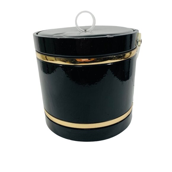 MCM Black Gold Ice Bucket Lucite Lid Handle VTG Barware Bar Cart Regency Decor - Picture 5 of 13